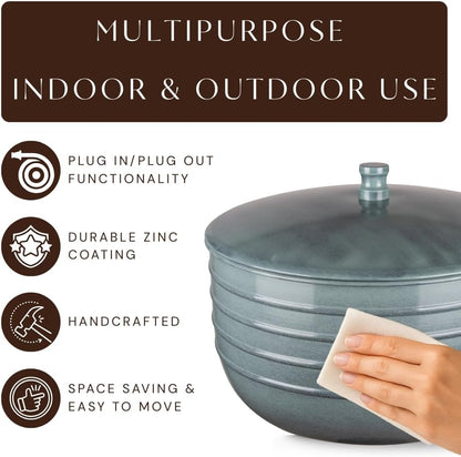 Monarch Abode Garden Hose Holder with Lid – Decorative Water Hose Holders for Outside, Border Embossed Metal Patina Pot with Drainage, 100ft Waterhose Holder for Outside, Garden Storage Caddy