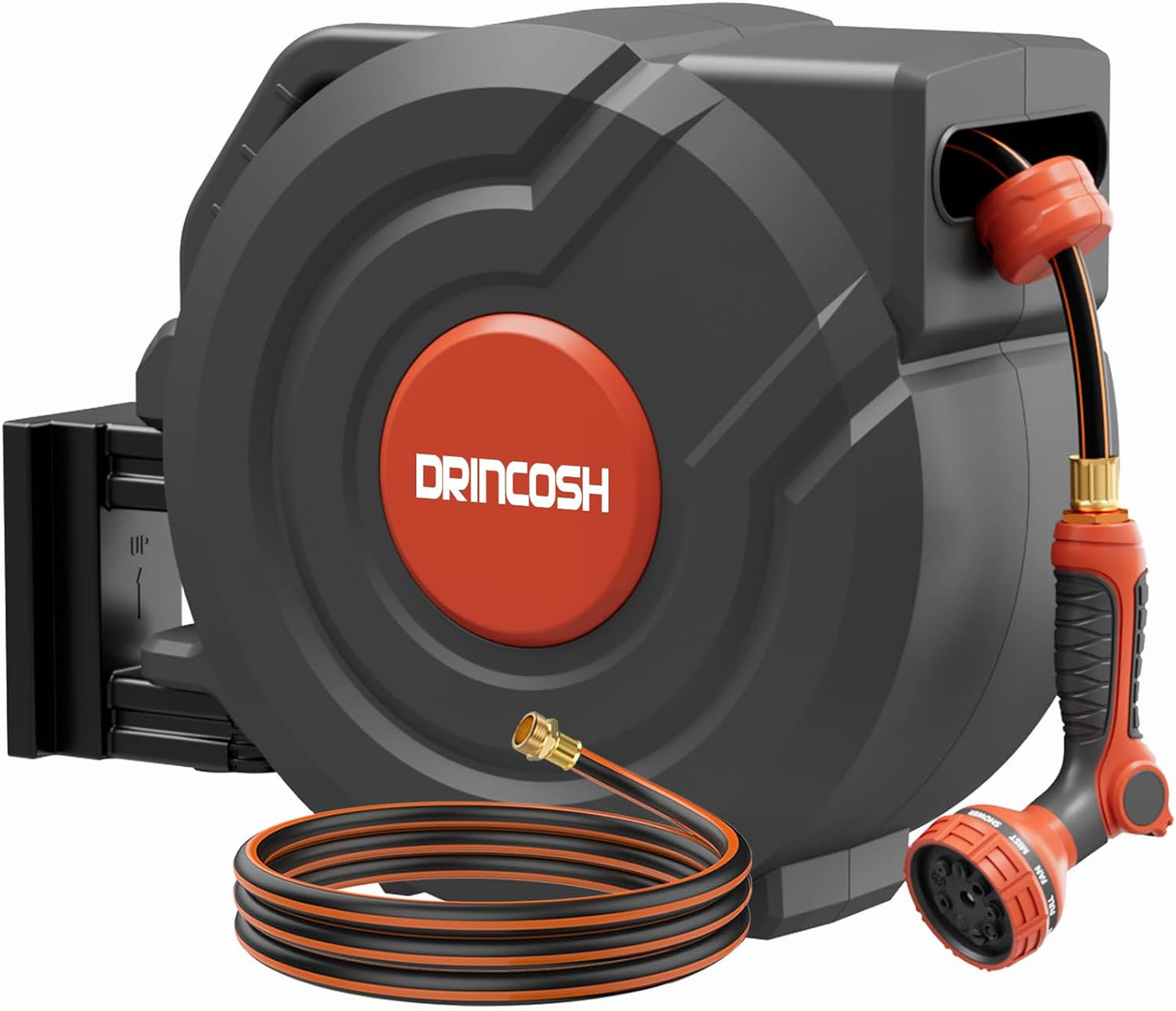 Retractable Garden Hose Reel 90 ft 5/8 inch Automatic Rewind with Any-Length Lock 9 Pattern Nozzle Sprayer 180° Swivel Wall-Mounted Hose Reel for Home Yards