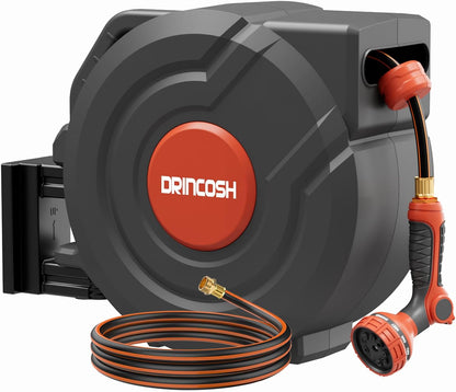 Retractable Garden Hose Reel 90 ft 5/8 inch Automatic Rewind with Any-Length Lock 9 Pattern Nozzle Sprayer 180° Swivel Wall-Mounted Hose Reel for Home Yards