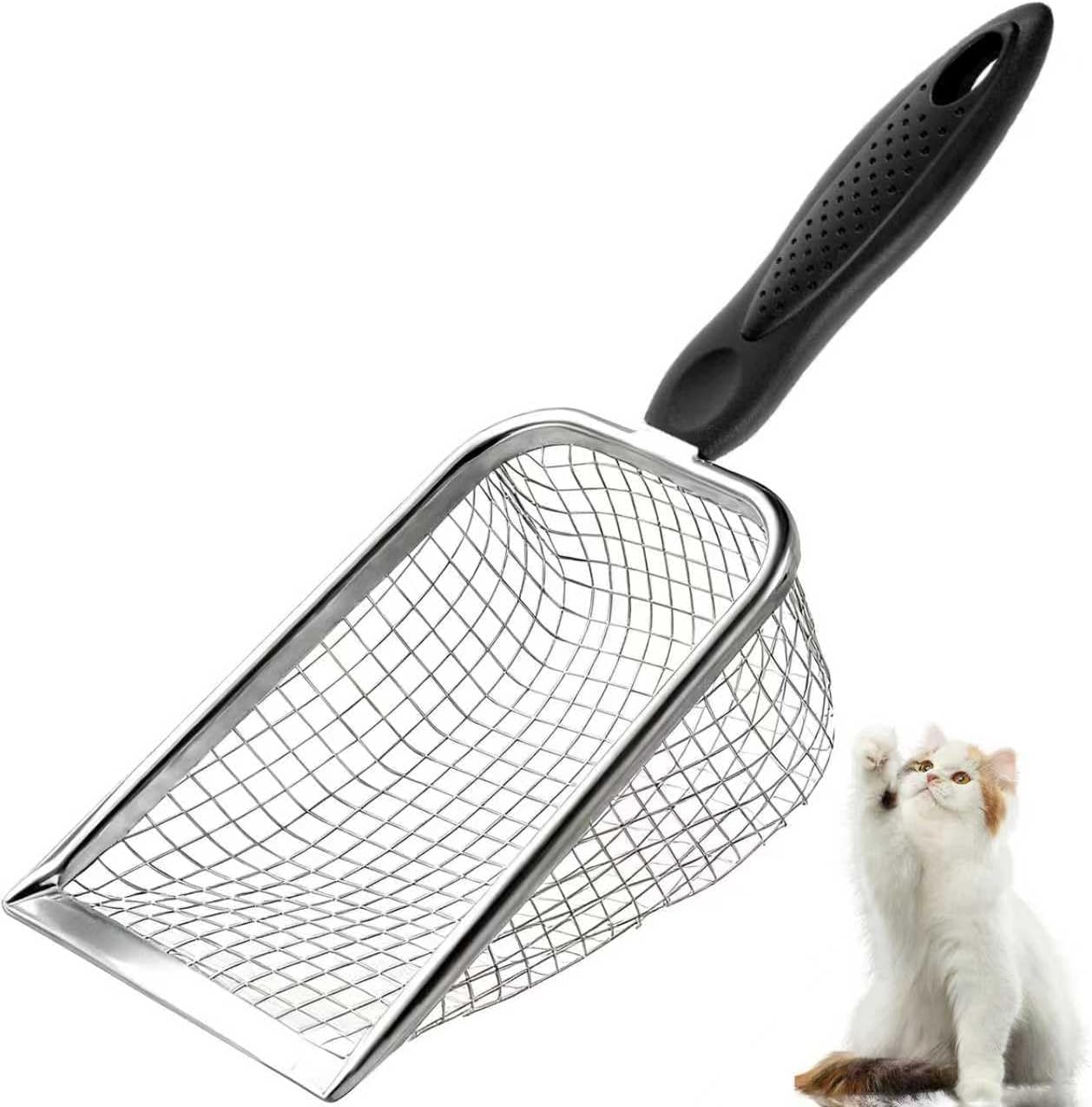 Cat Litter Scoop - Long Handle Scooper, Rustproof Stainless Steel Mesh, Non-Slip Grip, Deep Shovel Sifter for All Litter Types, Easy Clean Kitty Waste Litter for Litter Box(Black)
