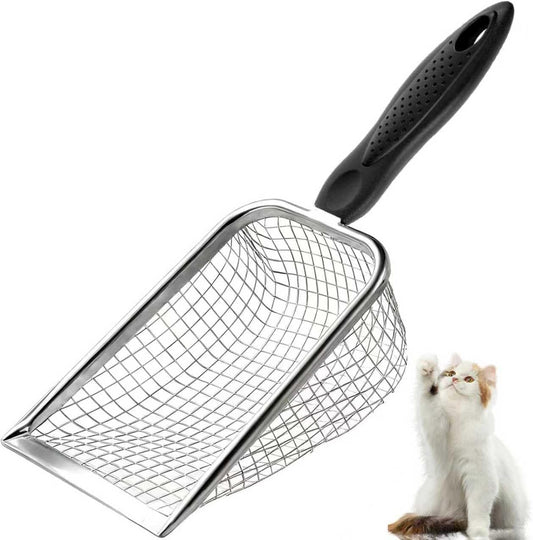Cat Litter Scoop - Long Handle Scooper, Rustproof Stainless Steel Mesh, Non-Slip Grip, Deep Shovel Sifter for All Litter Types, Easy Clean Kitty Waste Litter for Litter Box(Black)