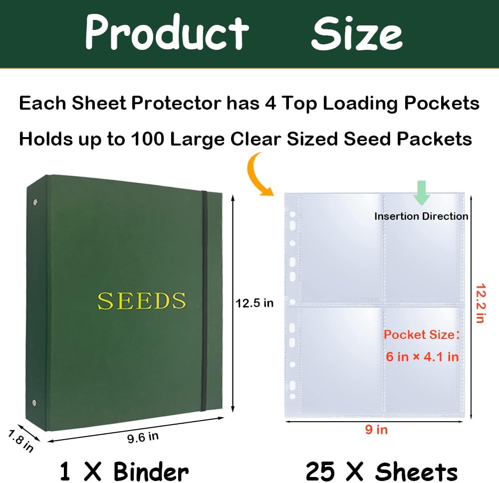 Seed Storage Organizer Binder, 3 Ring Seed Packet Organizer with 100 Pockets(25 Pack Clear Sheet Protectors), Garden Seed Holder Book for Envelopes, Seed Saving Keeper, Green