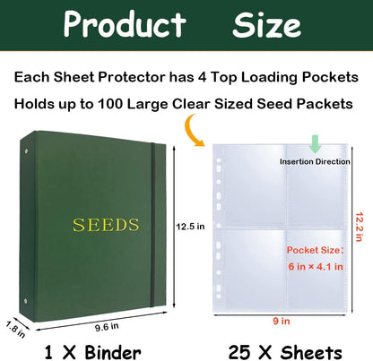 Seed Storage Organizer Binder, 3 Ring Seed Packet Organizer with 100 Pockets(25 Pack Clear Sheet Protectors), Garden Seed Holder Book for Envelopes, Seed Saving Keeper, Green