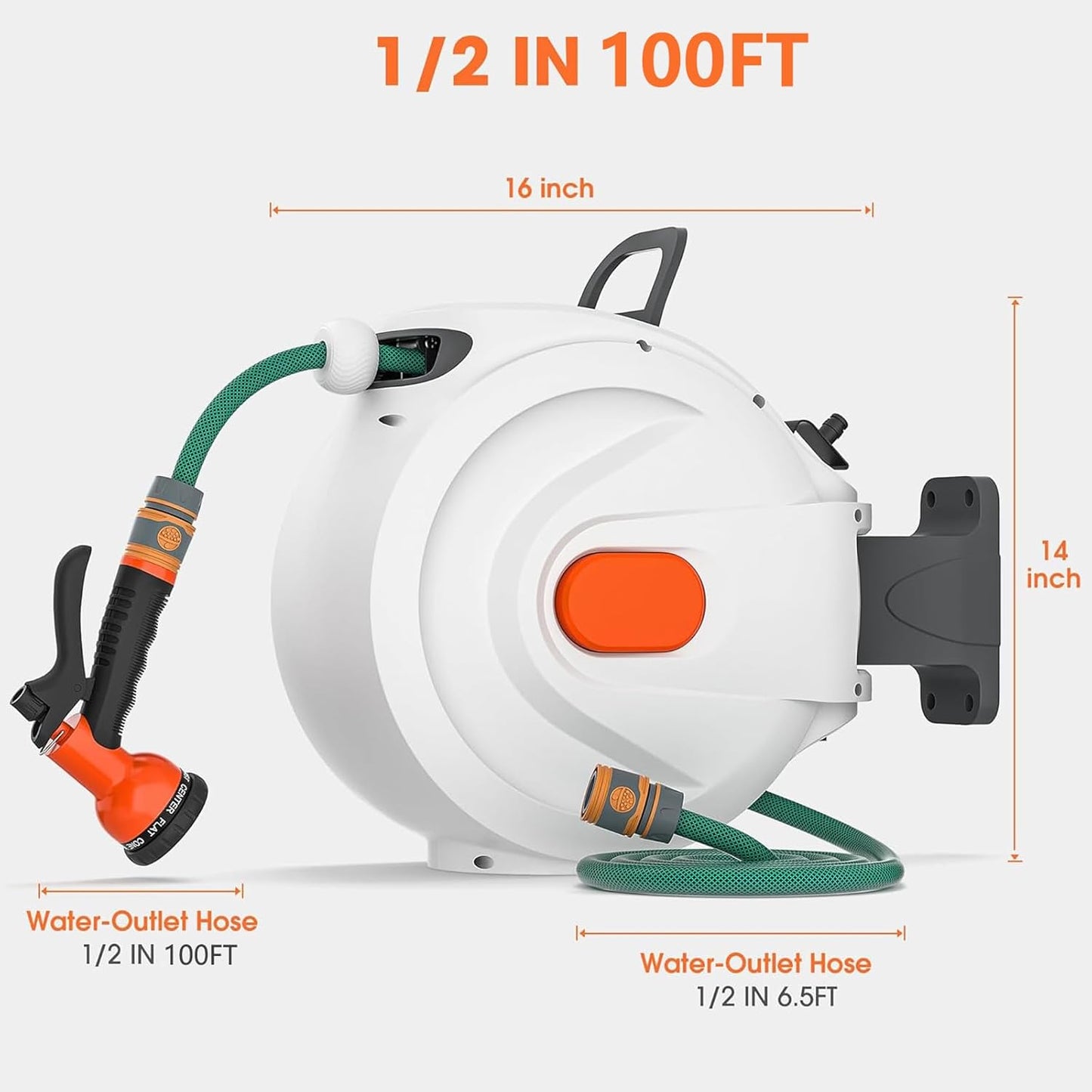 Fenbeli 50 FT Retractable Garden Hose Reel, Wall Mounted Auto Rewind, Any Length Lock, 10 Pattern Nozzle, 180° Swivel Bracket, Burst-Resistant Hose, Brass Fittings for Yard, Garden, Patio, Car Wash