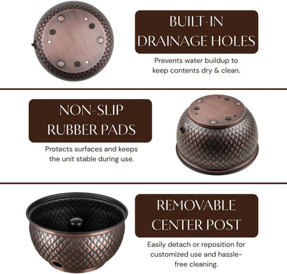 Monarch Abode Garden Hose Holder with Lid – Decorative Water Hose Holders for Outside, Diamond Embossed Metal Patina Pot with Drainage, 100ft Waterhose Holder for Outside, Garden Storage Caddy