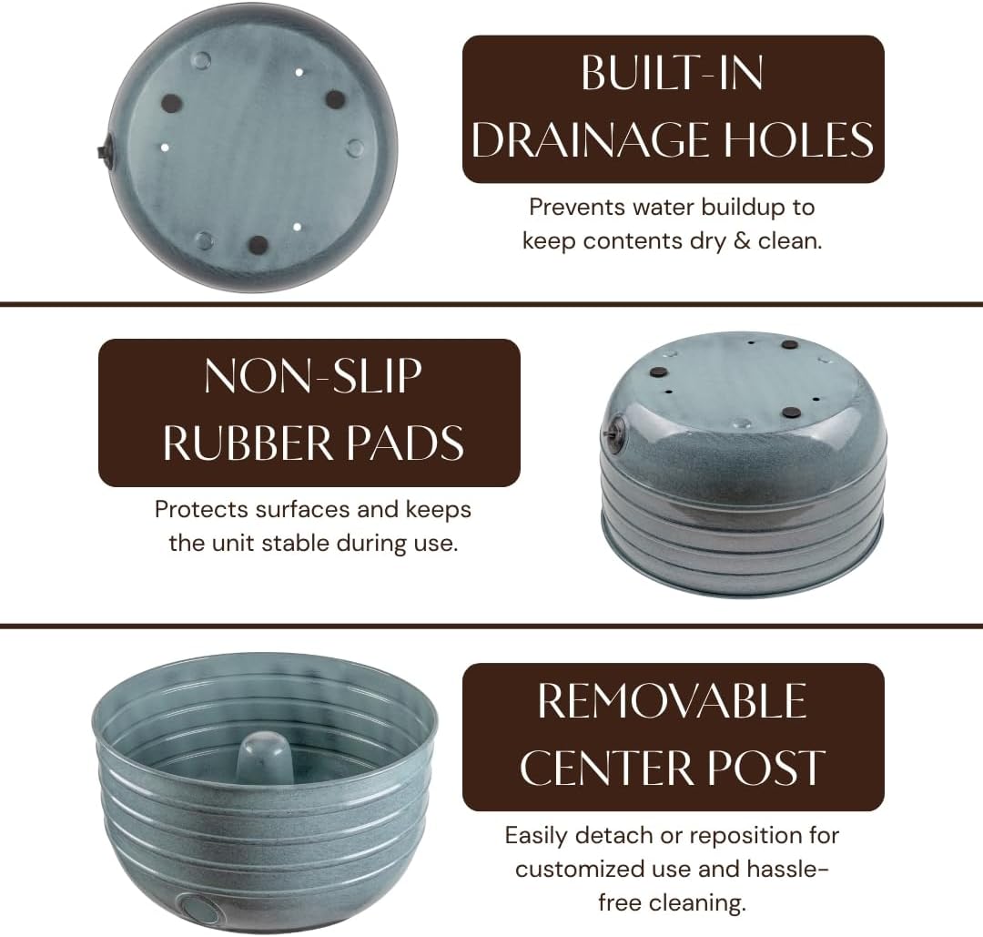 Monarch Abode Garden Hose Holder with Lid – Decorative Water Hose Holders for Outside, Border Embossed Metal Patina Pot with Drainage, 100ft Waterhose Holder for Outside, Garden Storage Caddy