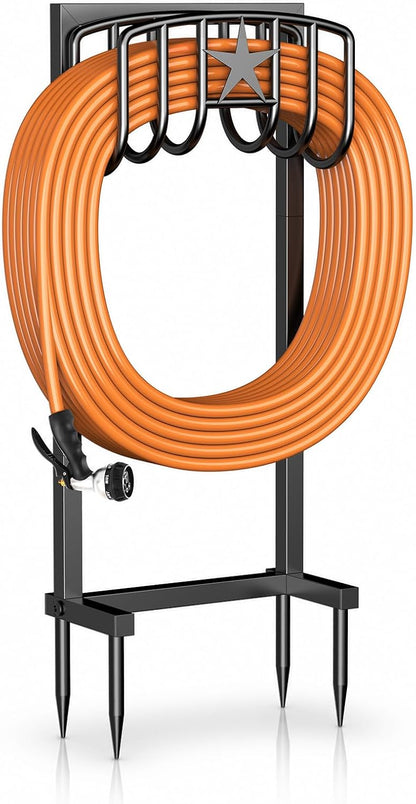 Garden Hose Holder, Heavy Duty Freestanding Metal Stand, 165FT Garden Hose Storage with 4-Spike Stable Base, Rustproof Water Hose Holder for Outdoor Yard Lawn Garden Black