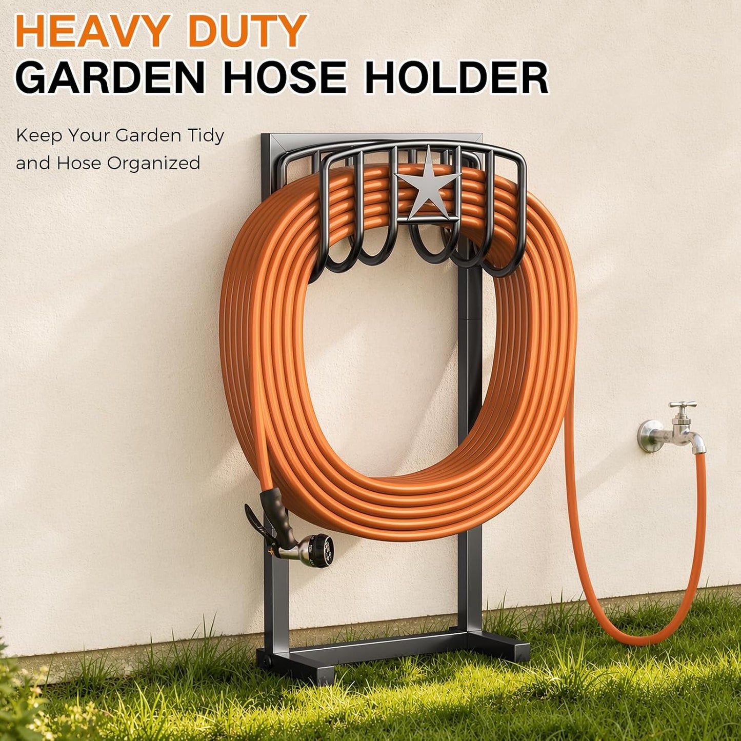 Garden Hose Holder, Heavy Duty Freestanding Metal Stand, 165FT Garden Hose Storage with 4-Spike Stable Base, Rustproof Water Hose Holder for Outdoor Yard Lawn Garden Black