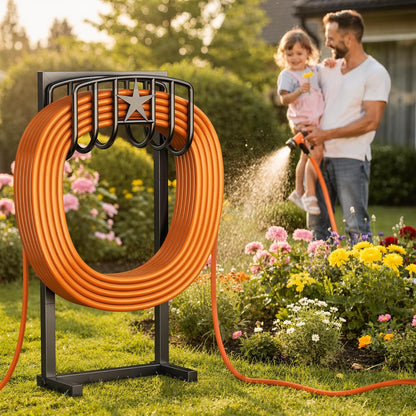Garden Hose Holder, Heavy Duty Freestanding Metal Stand, 165FT Garden Hose Storage with 4-Spike Stable Base, Rustproof Water Hose Holder for Outdoor Yard Lawn Garden Black
