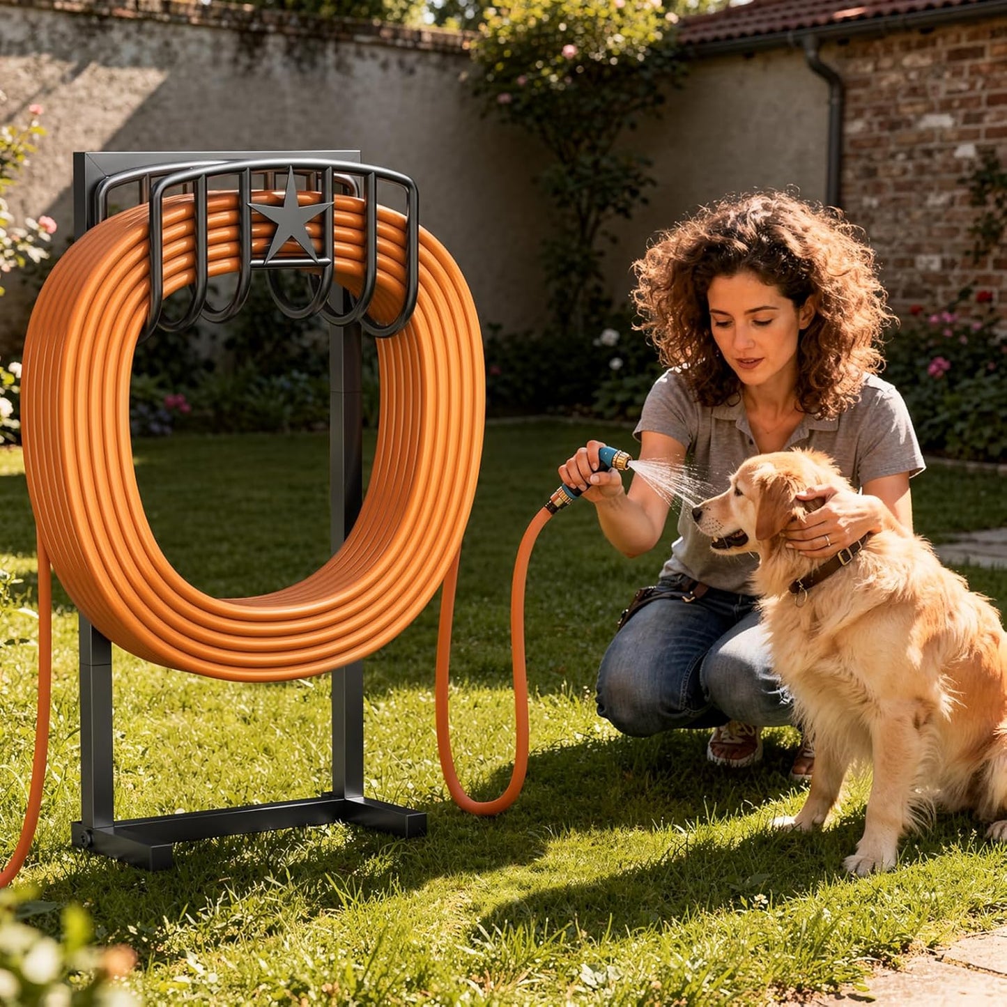 Garden Hose Holder, Heavy Duty Freestanding Metal Stand, 165FT Garden Hose Storage with 4-Spike Stable Base, Rustproof Water Hose Holder for Outdoor Yard Lawn Garden Black
