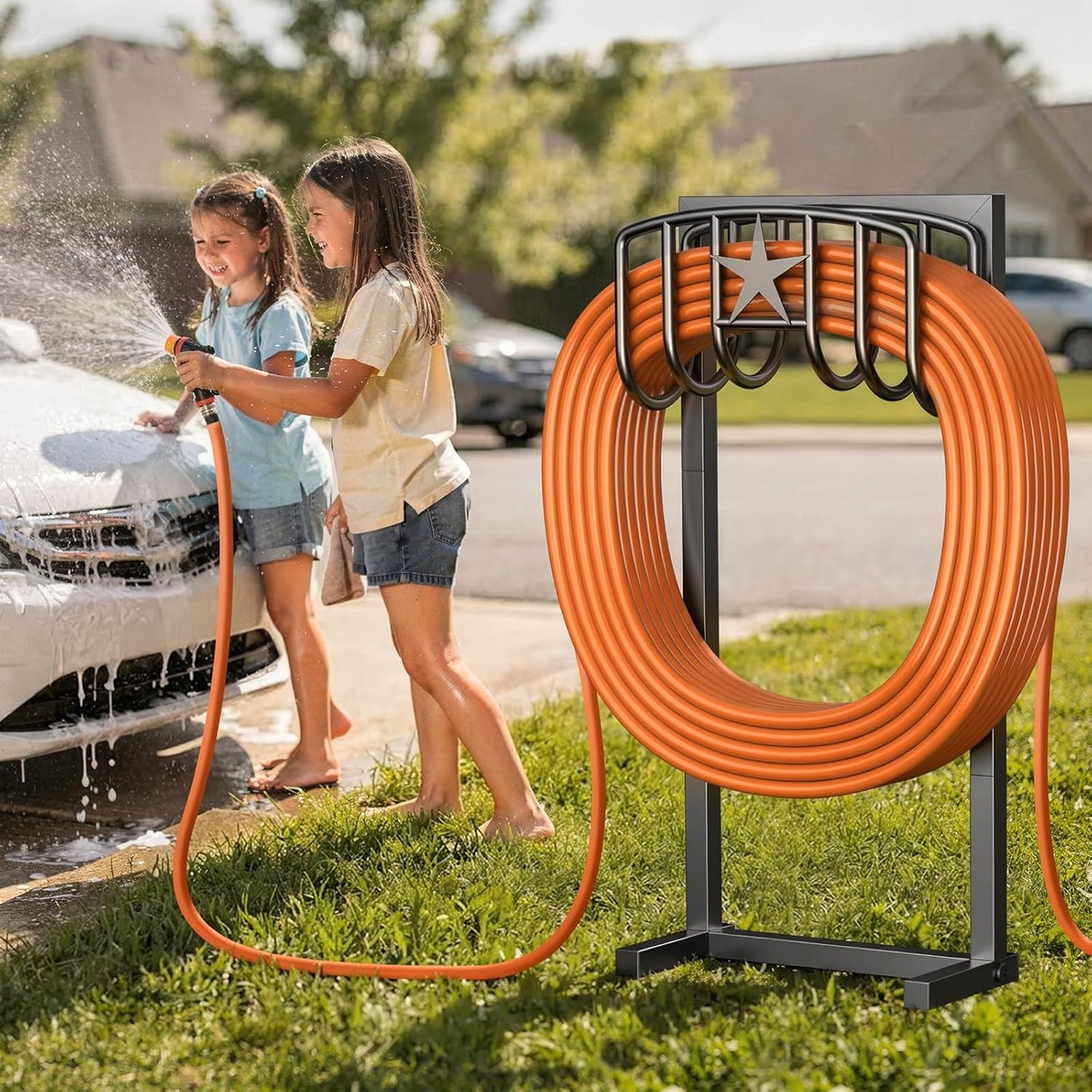 Garden Hose Holder, Heavy Duty Freestanding Metal Stand, 165FT Garden Hose Storage with 4-Spike Stable Base, Rustproof Water Hose Holder for Outdoor Yard Lawn Garden Black