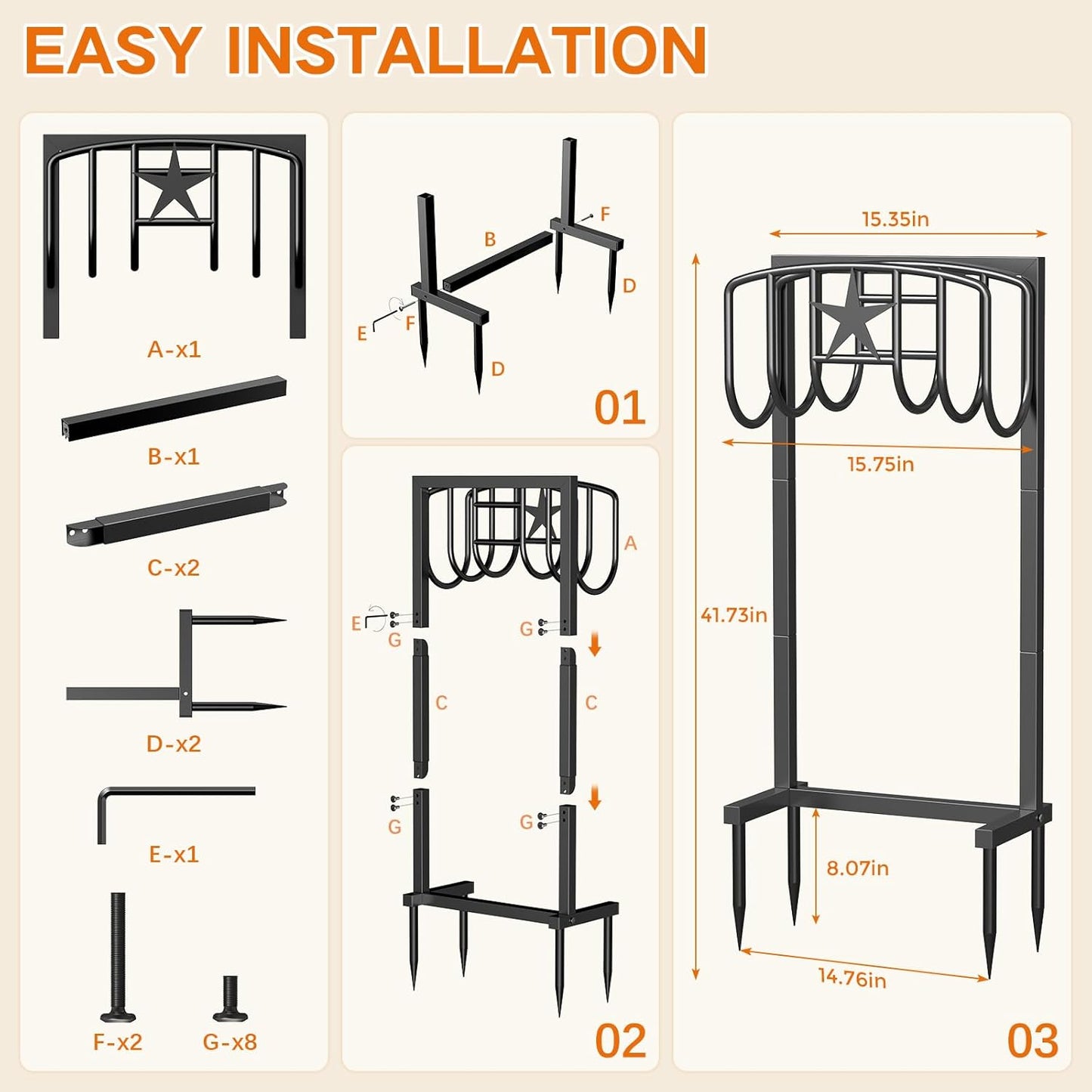 Garden Hose Holder, Heavy Duty Freestanding Metal Stand, 165FT Garden Hose Storage with 4-Spike Stable Base, Rustproof Water Hose Holder for Outdoor Yard Lawn Garden Black
