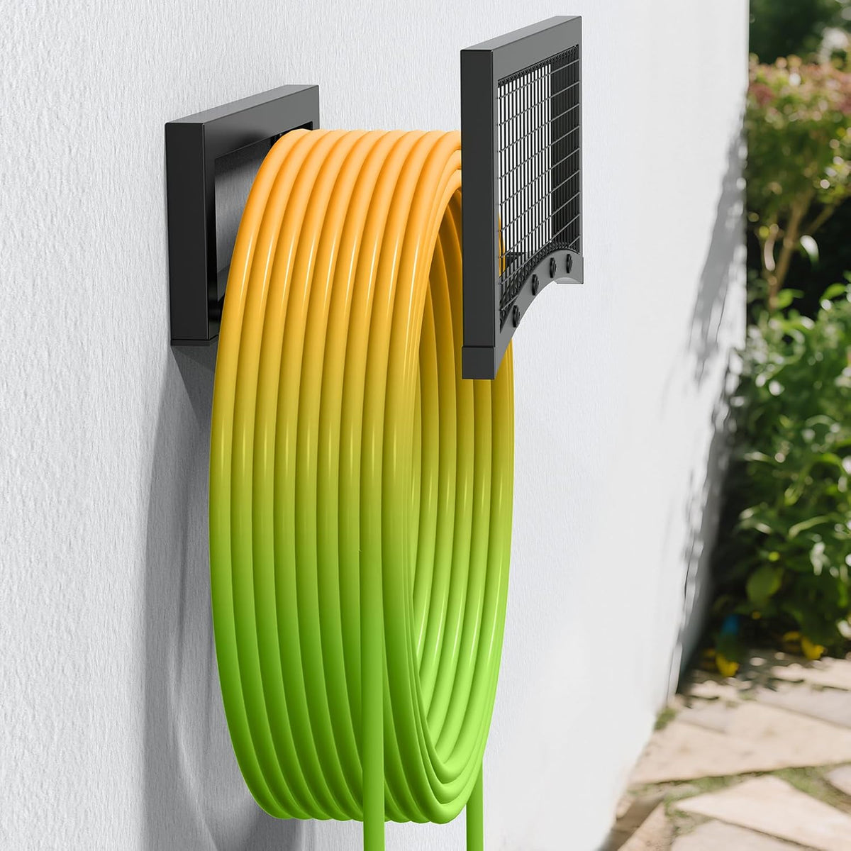 Garden Hose Holder, Heavy Duty Freestanding Metal Stand, 165FT Garden Hose Storage with 4-Spike Stable Base, Rustproof Water Hose Holder for Outdoor Yard Lawn Garden Black