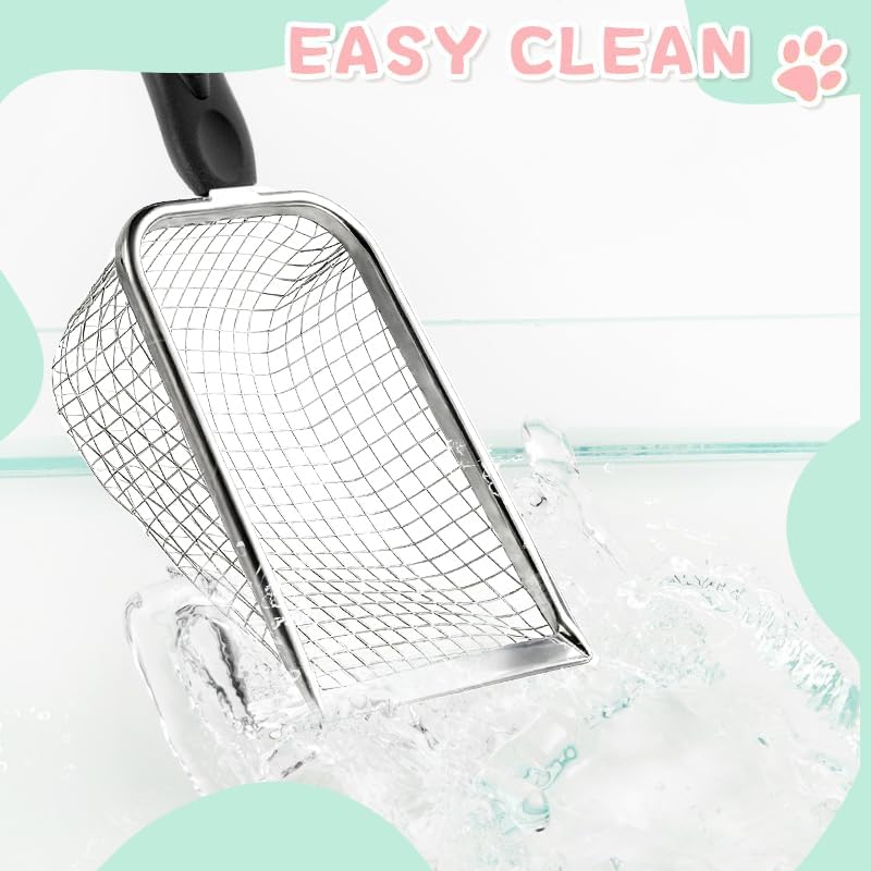 Cat Litter Scoop - Long Handle Scooper, Rustproof Stainless Steel Mesh, Non-Slip Grip, Deep Shovel Sifter for All Litter Types, Easy Clean Kitty Waste Litter for Litter Box(Black)