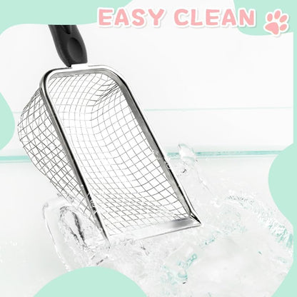 Cat Litter Scoop - Long Handle Scooper, Rustproof Stainless Steel Mesh, Non-Slip Grip, Deep Shovel Sifter for All Litter Types, Easy Clean Kitty Waste Litter for Litter Box(Black)