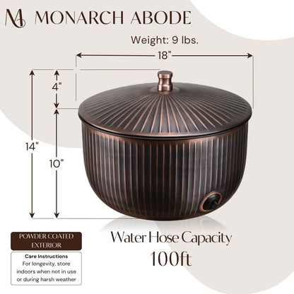 Monarch Abode Garden Hose Holder with Lid – Decorative Water Hose Holders for Outside, Ridge Embossed Metal Matte Black Pot with Drainage, 100ft Waterhose Holder for Outside, Garden Storage Caddy