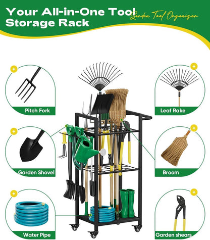 Garden Tool Organizer with Wheels, Heavy Duty 3 Tier Metal Yard Tool Storage Rack Holder with Side Hooks, Freestanding Garage Organizer for Shovels, Rakes, Brooms, Indoor Outdoor Use, Black
