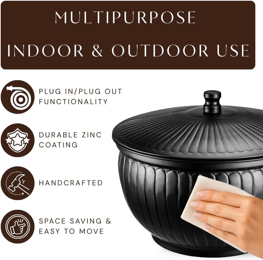Monarch Abode Garden Hose Holder with Lid – Decorative Water Hose Holders for Outside, Arch Embossed Metal Patina Pot with Drainage, 100ft Waterhose Holder for Outside, Garden Storage Caddy