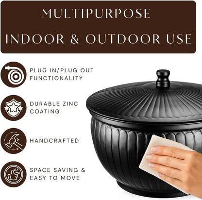 Monarch Abode Garden Hose Holder with Lid – Decorative Water Hose Holders for Outside, Arch Embossed Metal Patina Pot with Drainage, 100ft Waterhose Holder for Outside, Garden Storage Caddy
