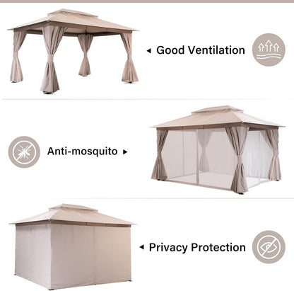 10x20 Gazebo Canopy with 100FT String Lights, Metal Heavy Duty Patio Canopy Tent with Double Roofs, Mosquito Nettings and Privacy Screens for Backyard, Garden, Lawn, Gray