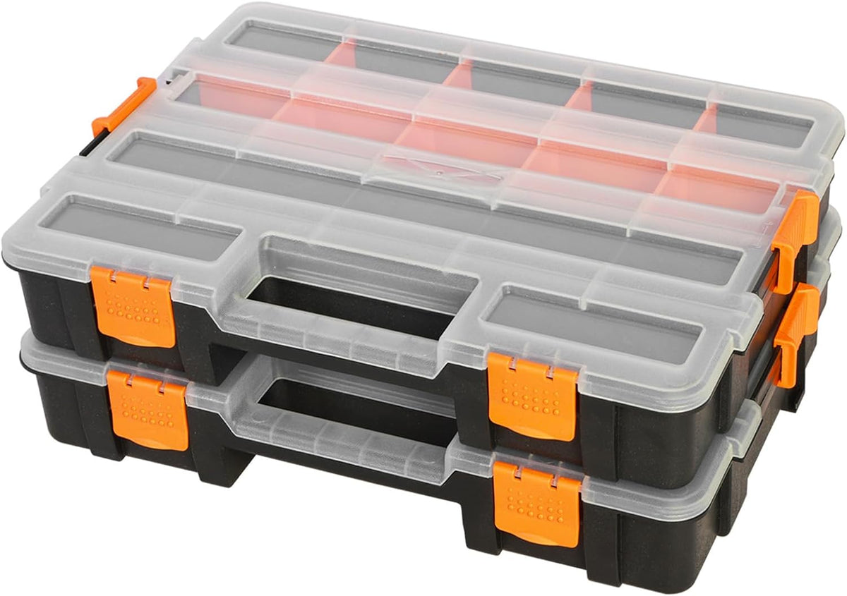 Jack Boss Tool Box with Transparent Lid, Double Side 34-Compartments Organizer Box with Removable Dividers for Hardware, Screws, Bolts, Nails, Beads, Jewelry and Fishing Accessories, Orange, 2 Pack