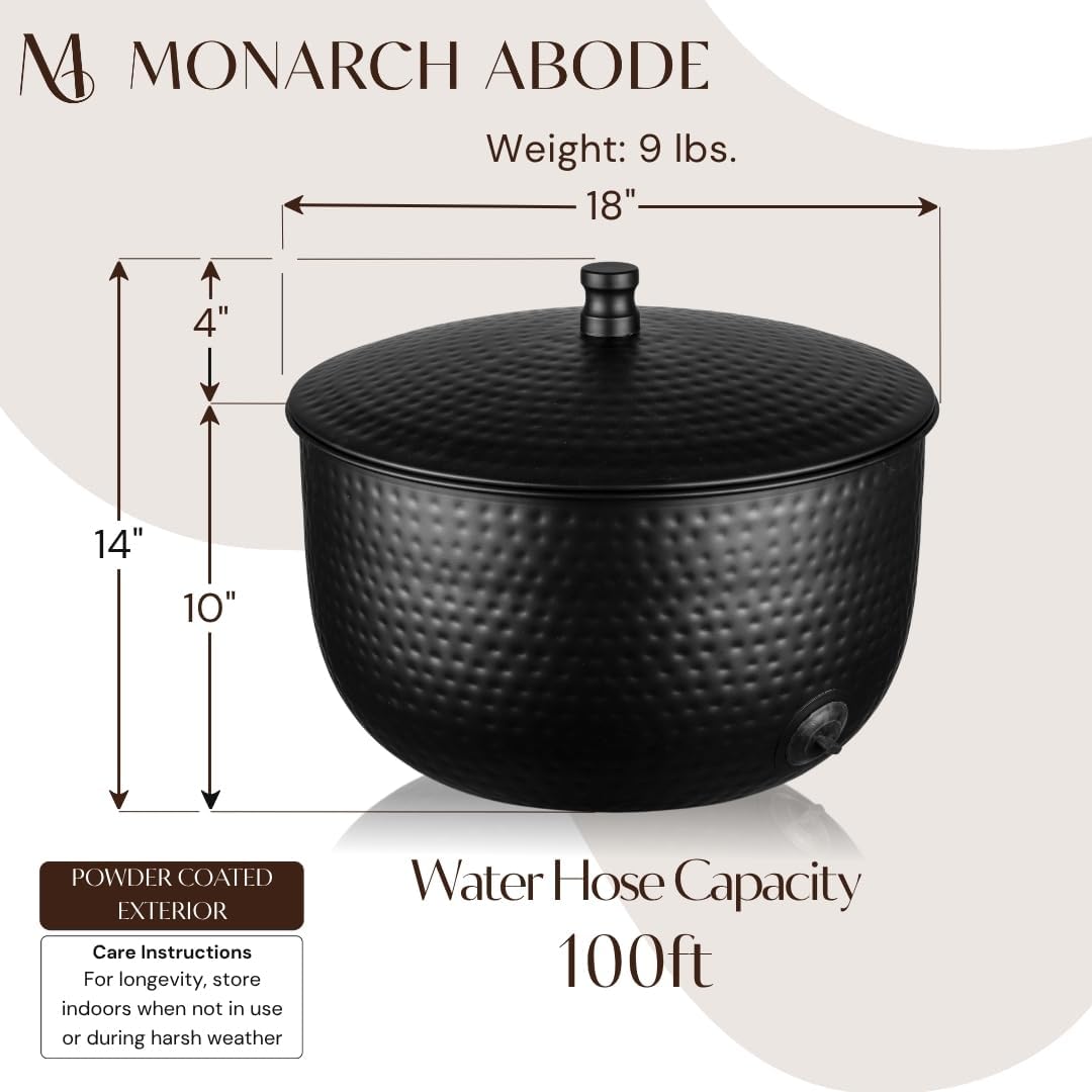 Monarch Abode Garden Hose Holder with Lid – Decorative Water Hose Holders for Outside, Hand Hammered Metal Matte Black Pot with Drainage, 100ft Waterhose Holder for Outside, Garden Storage Caddy