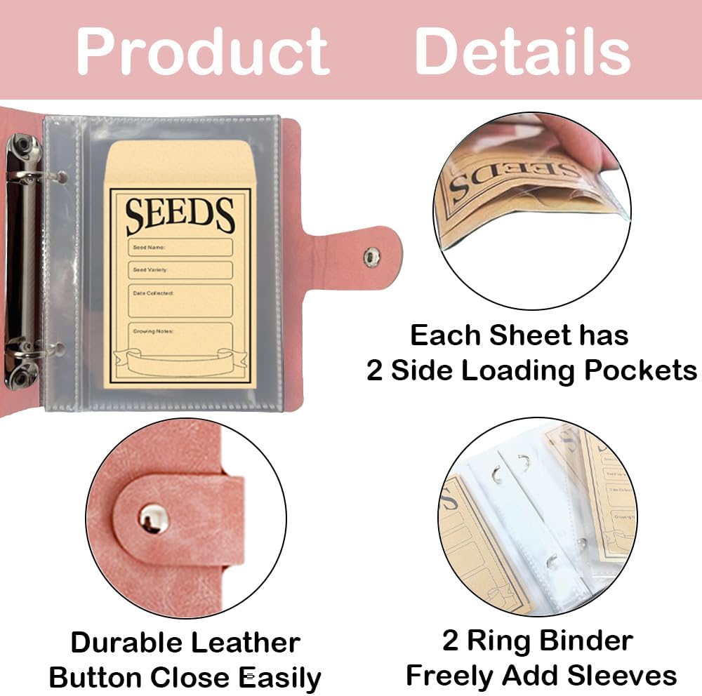 Seed Storage Organizer Binder, 3 Ring Seed Packet Organizer with 100 Pockets(25 Pack Clear Sheet Protectors), Garden Seed Holder Book for Envelopes, Seed Saving Keeper, Green