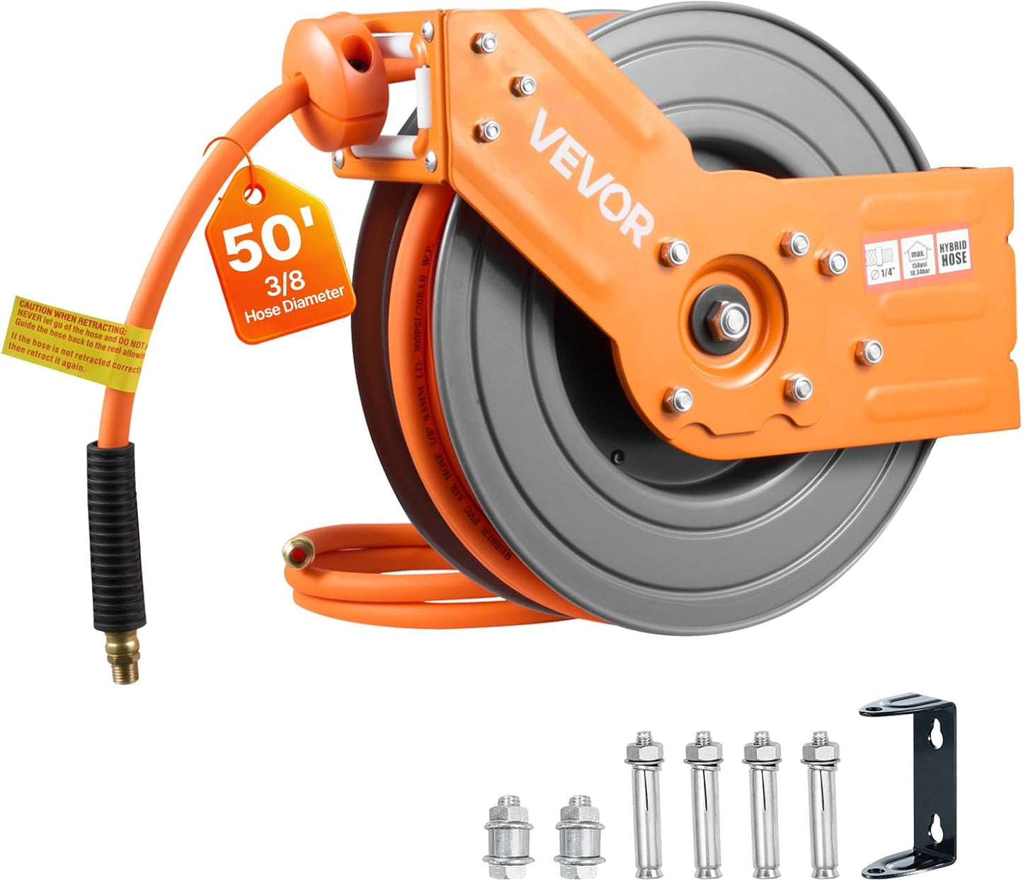 VEVOR Retractable Air Hose Reel, 3/8IN x 100FT Rubber Air Hose Max 300PSI, Air Compressor Hose Reel Auto-Rewind with 5FT Lead in, Ceiling/Wall Mount Heavy Duty Single Arm Steel Reel, 1/4" NPT Fitting