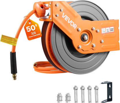 VEVOR Retractable Air Hose Reel, 3/8IN x 100FT Rubber Air Hose Max 300PSI, Air Compressor Hose Reel Auto-Rewind with 5FT Lead in, Ceiling/Wall Mount Heavy Duty Single Arm Steel Reel, 1/4" NPT Fitting