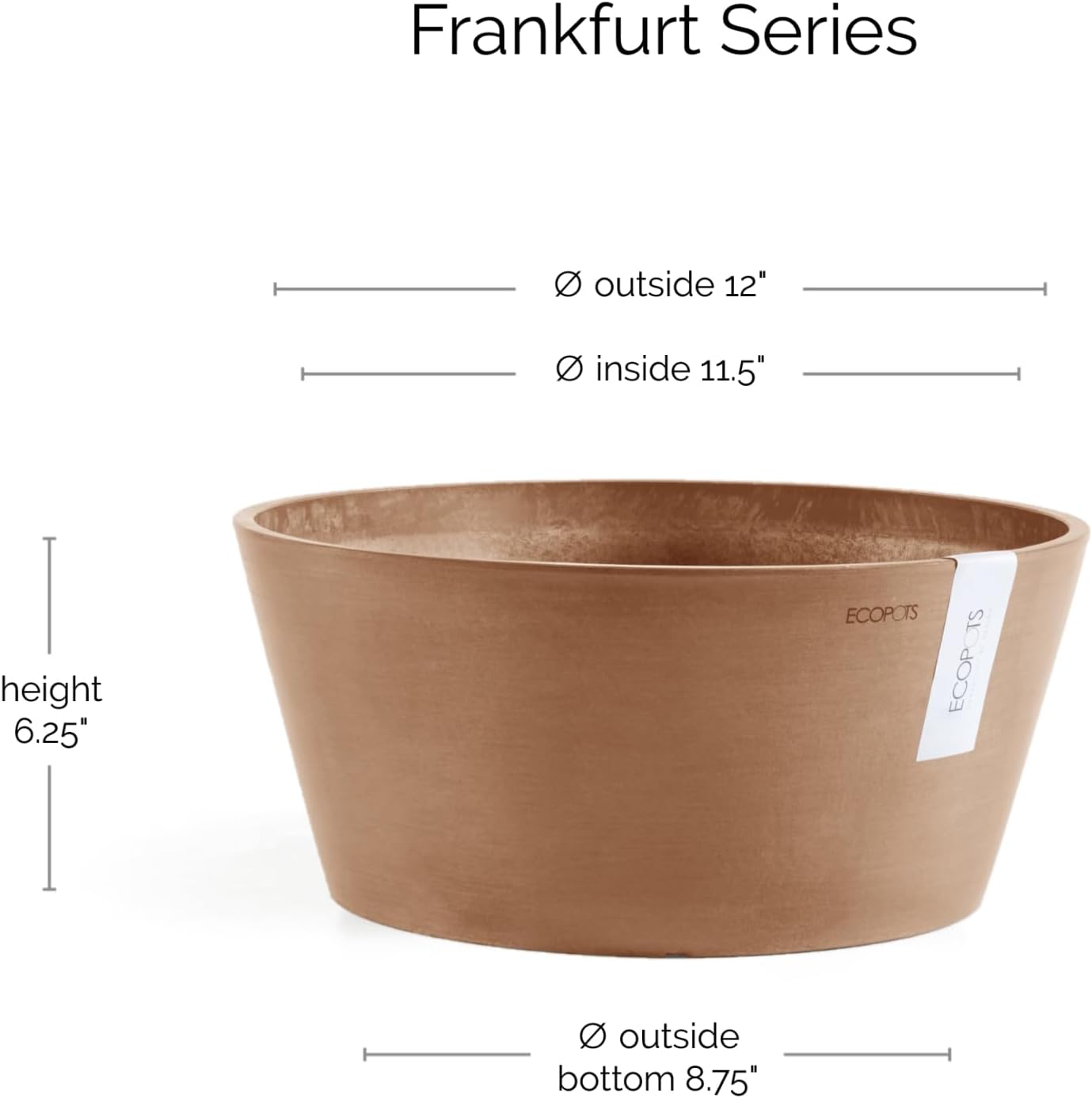 Ecopots Frankfurt Durable Modern Round Indoor/Outdoor Recycled-Based Composite Flower Pot Planter, Terracotta Color, 12"