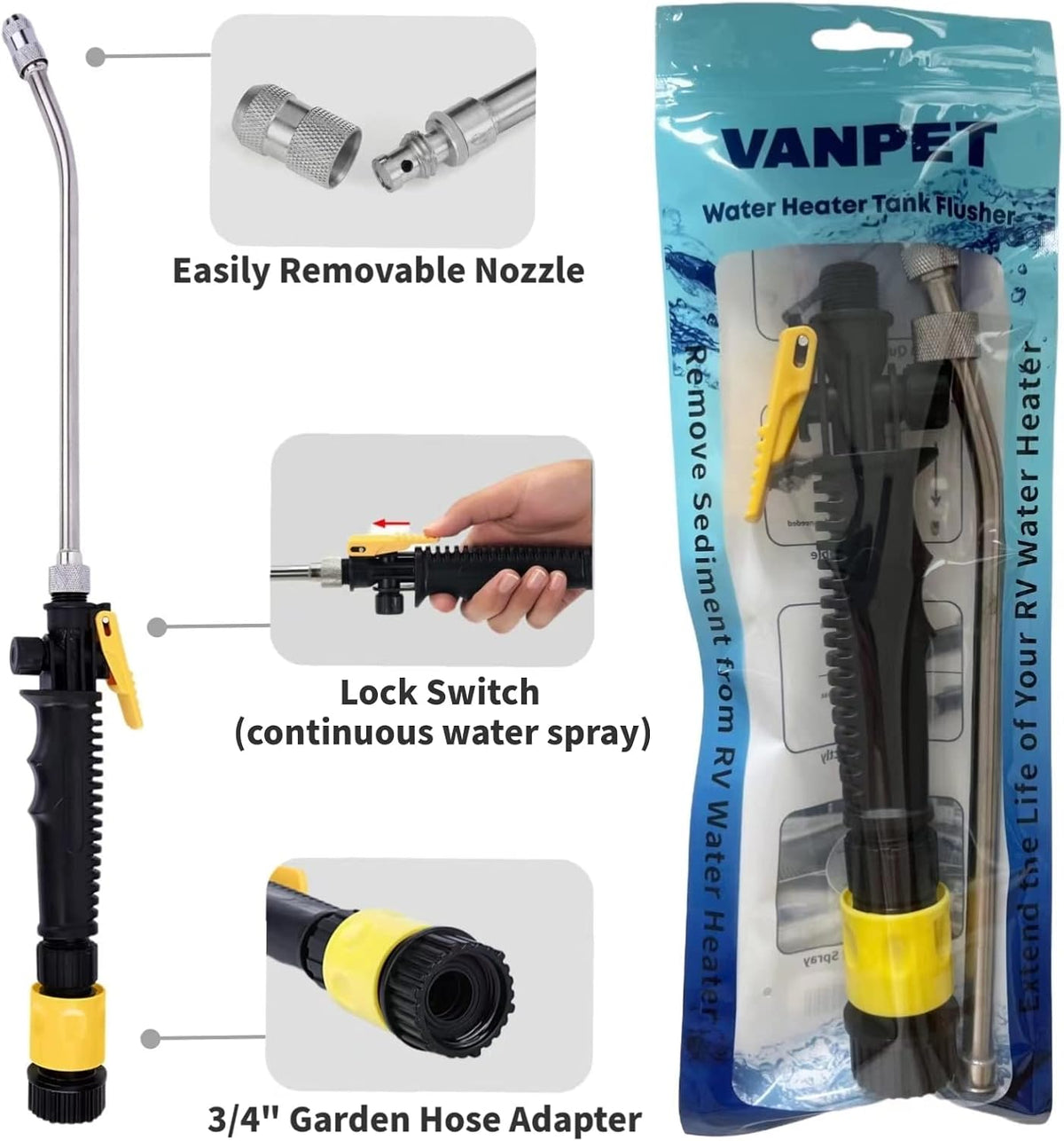 RV Water Heater Tank Rinser,Metal Tube Water Tank Flusher,Powerful Water Spray,Flushes and Removes Sediment and Scale from RV Water Heater (Flush Wand)