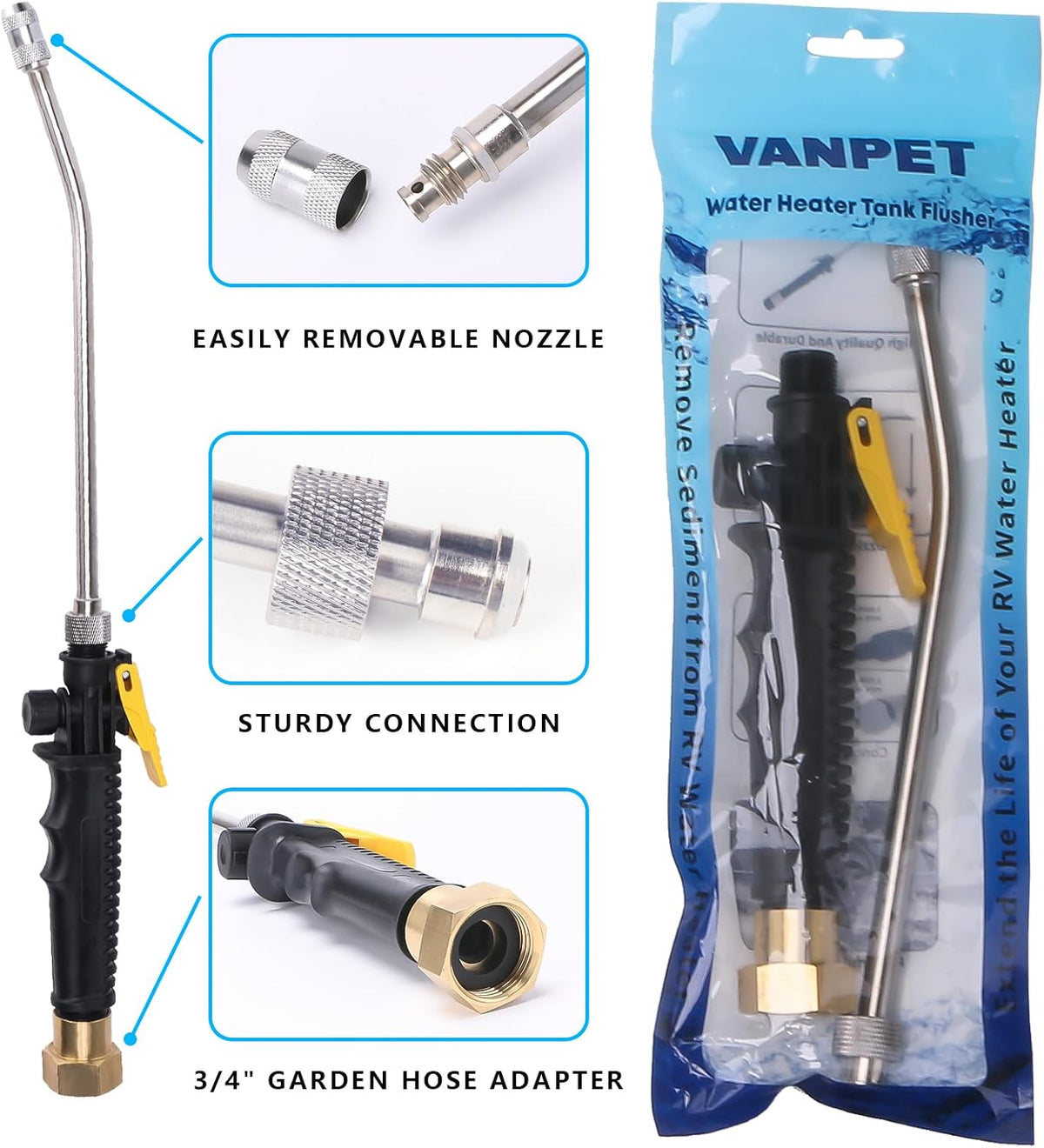RV Water Heater Tank Rinser,Metal Tube Water Tank Flusher,Powerful Water Spray,Flushes and Removes Sediment and Scale from RV Water Heater (Flush Wand)