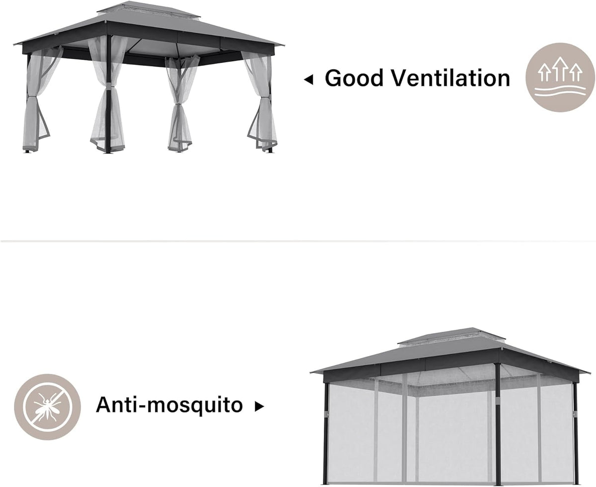 10x20 Gazebo Canopy with 100FT String Lights, Metal Heavy Duty Patio Canopy Tent with Double Roofs, Mosquito Nettings and Privacy Screens for Backyard, Garden, Lawn, Gray