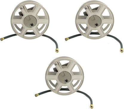 Suncast 100 ft Garden Hose Holder Wall Mount, Taupe Heavy-Duty Wall Mounted Water Hose Reel for Outside Use, Manually Retractable Sidewinder, Open Space-Saving Storage, Made in the USA