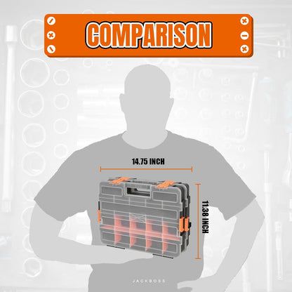 Jack Boss Tool Box with Transparent Lid, Double Side 34-Compartments Organizer Box with Removable Dividers for Hardware, Screws, Bolts, Nails, Beads, Jewelry and Fishing Accessories, Orange, 2 Pack