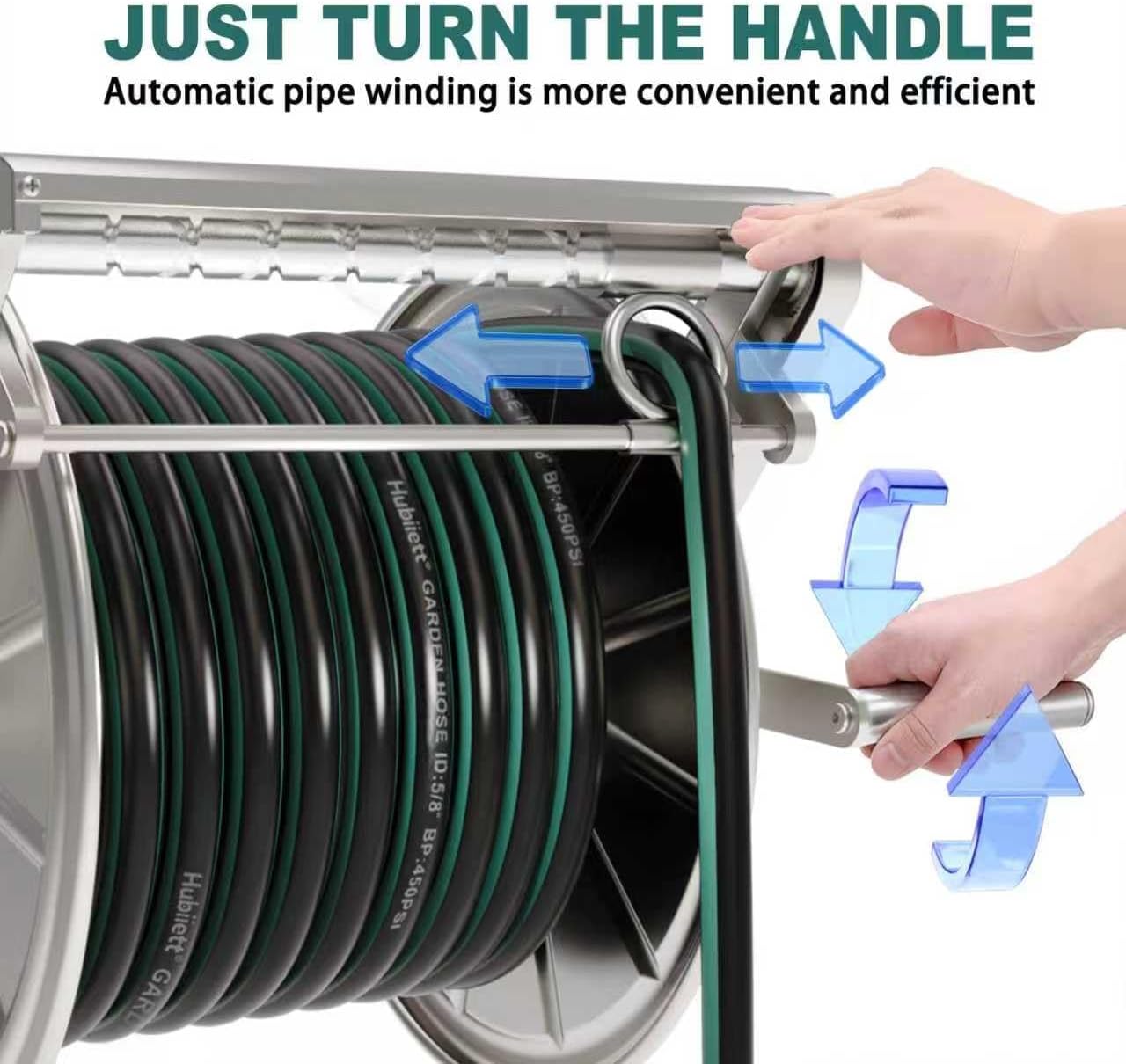 Stainless Steel Garden Hose Reel Heavy Duty, Wall Mount Water Hose Holder, 150 Feet of 5/8 Inch Hoses Capacity, Hose Reels with 5 ft Inlet Hose for Outside, Lawn, Yard, Garage
