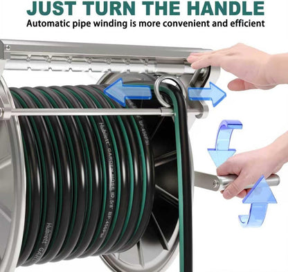 Stainless Steel Garden Hose Reel Heavy Duty, Wall Mount Water Hose Holder, 150 Feet of 5/8 Inch Hoses Capacity, Hose Reels with 5 ft Inlet Hose for Outside, Lawn, Yard, Garage