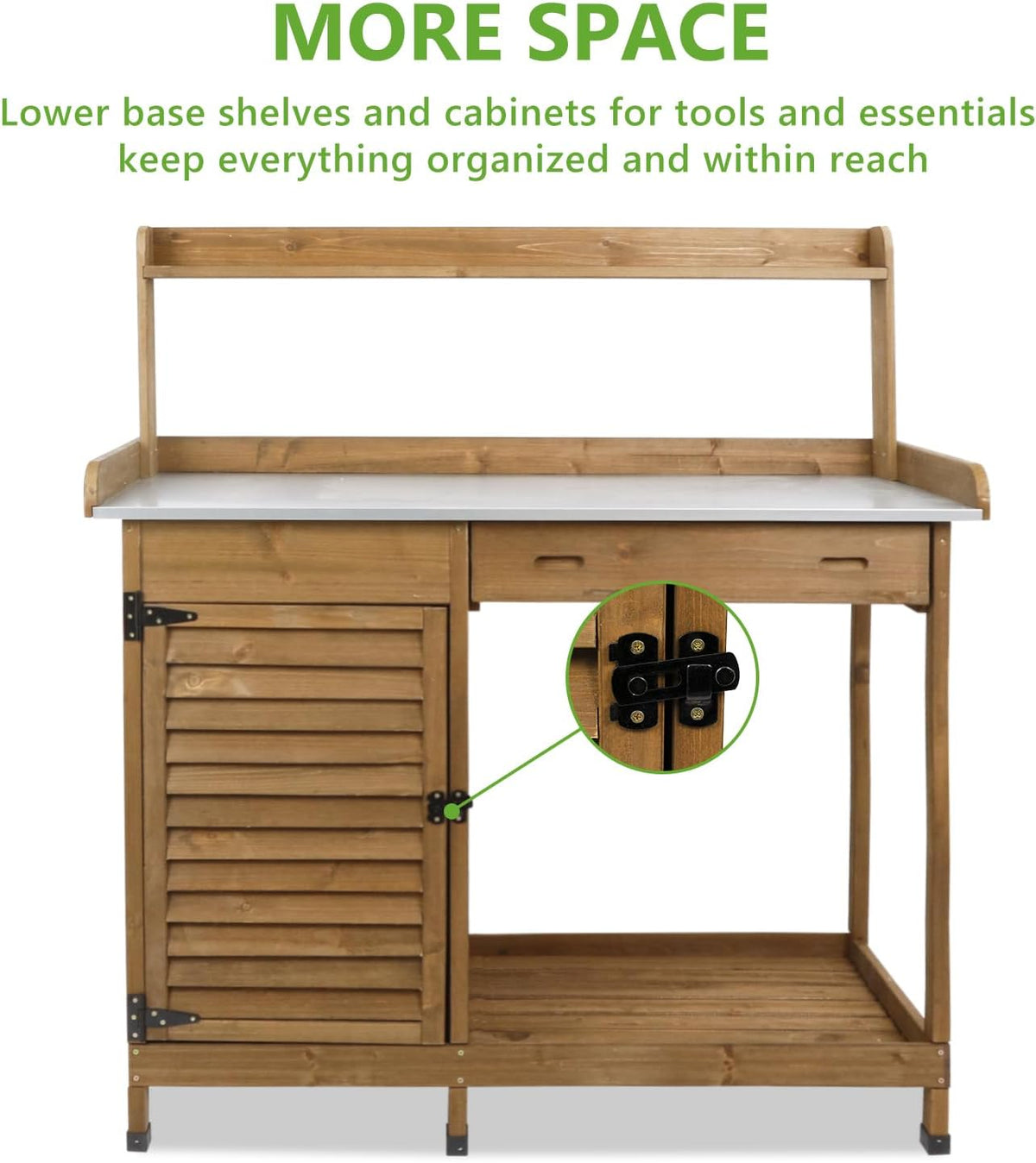 PetsCosset Folding Garden Potting Bench Table，Outdoor Wooden Work Station W/Metal Table Top,2 Tier Open Storage Rack,Top Shelf-Natural Stained