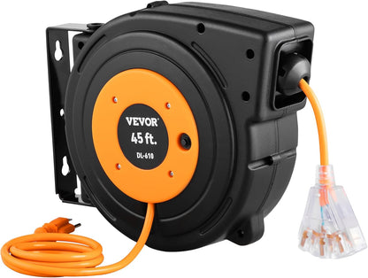 65FT Retractable Extension Cord Reel, Heavy Duty 12AWG/3C SJTOW Cord