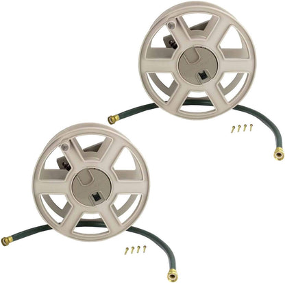 Suncast 100 ft Garden Hose Holder Wall Mount, Taupe Heavy-Duty Wall Mounted Water Hose Reel for Outside Use, Manually Retractable Sidewinder, Open Space-Saving Storage, Made in the USA