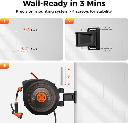 Retractable Garden Hose Reel 65 FT 1/2 IN for Outside, Upgraded 10 Spray Patterns, Heavy Duty Automatic Water Hose Reel with Any Length Lock, Wall Mount, Pro Guide System, 180° Swivel