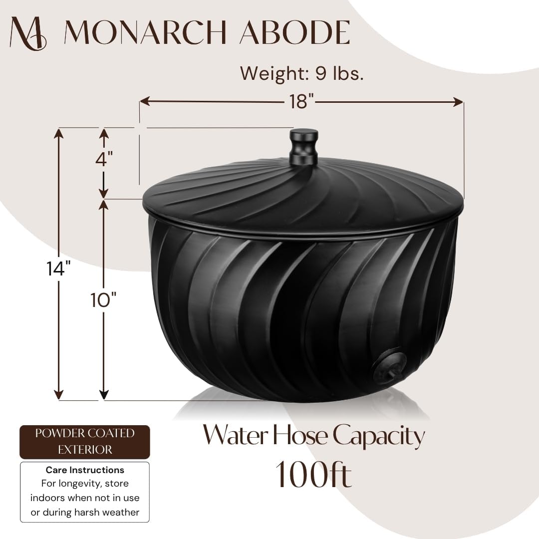 Monarch Abode Garden Hose Holder with Lid – Decorative Water Hose Holders for Outside, Wave Embossed Metal Matte Black Pot with Drainage, 100ft Waterhose Holder for Outside, Garden Storage Caddy