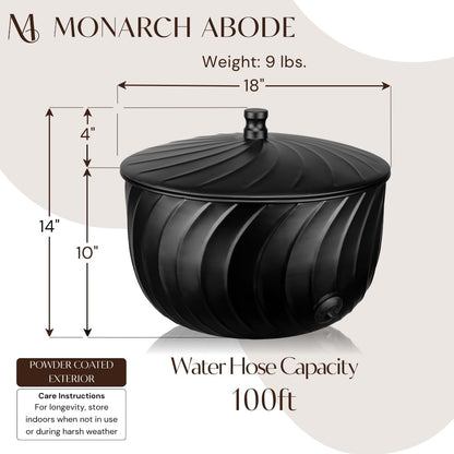 Monarch Abode Garden Hose Holder with Lid – Decorative Water Hose Holders for Outside, Wave Embossed Metal Matte Black Pot with Drainage, 100ft Waterhose Holder for Outside, Garden Storage Caddy