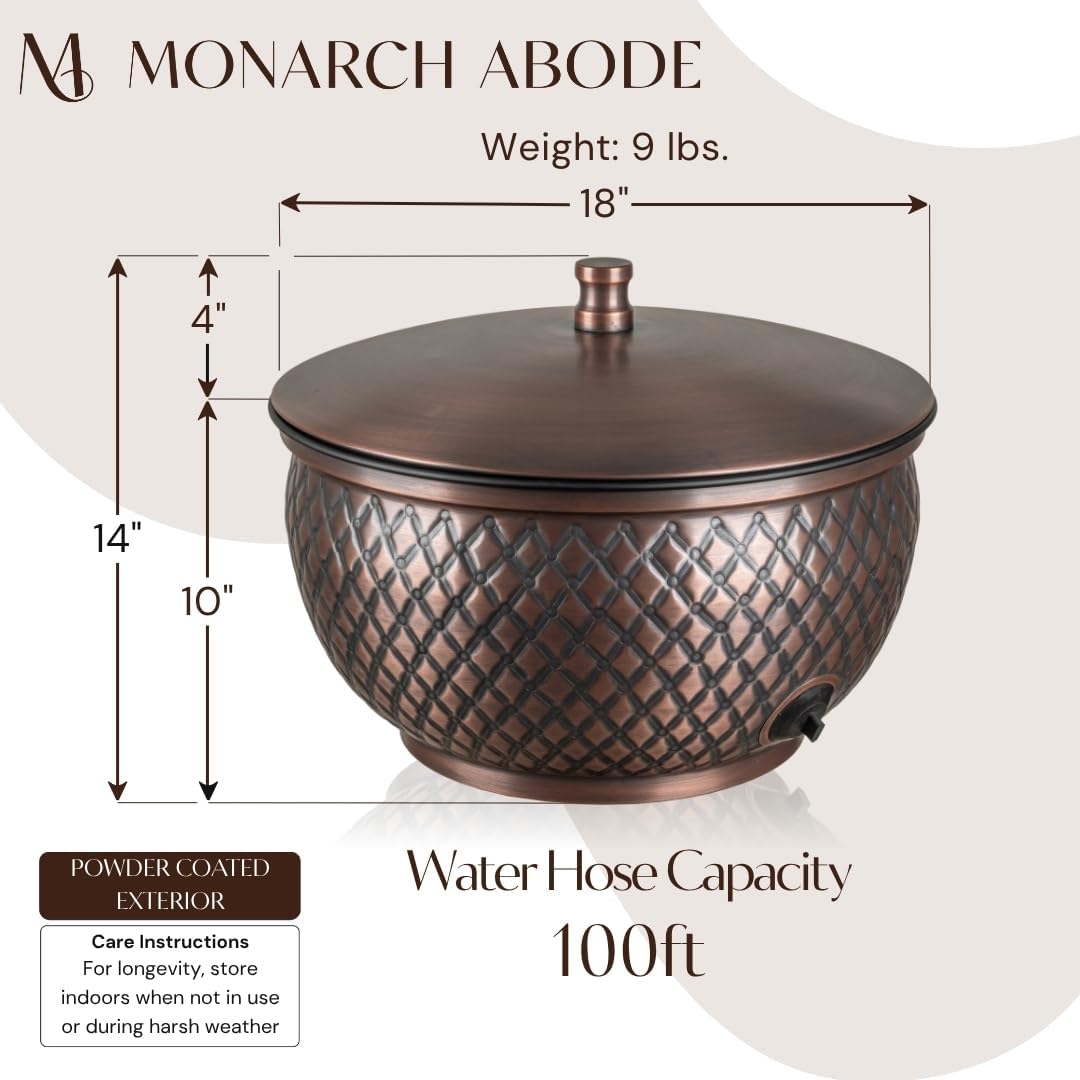 Monarch Abode Garden Hose Holder with Lid – Decorative Water Hose Holders for Outside, Diamond Embossed Metal Patina Pot with Drainage, 100ft Waterhose Holder for Outside, Garden Storage Caddy