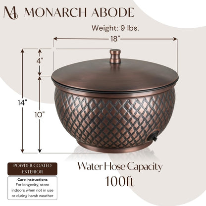 Monarch Abode Garden Hose Holder with Lid – Decorative Water Hose Holders for Outside, Diamond Embossed Metal Patina Pot with Drainage, 100ft Waterhose Holder for Outside, Garden Storage Caddy