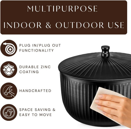 Monarch Abode Garden Hose Holder with Lid – Decorative Water Hose Holders for Outside, Ridge Embossed Metal Matte Black Pot with Drainage, 100ft Waterhose Holder for Outside, Garden Storage Caddy