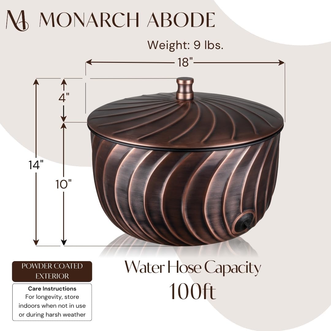 Monarch Abode Garden Hose Holder with Lid – Decorative Water Hose Holders for Outside, Wave Embossed Metal Matte Black Pot with Drainage, 100ft Waterhose Holder for Outside, Garden Storage Caddy