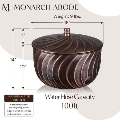 Monarch Abode Garden Hose Holder with Lid – Decorative Water Hose Holders for Outside, Wave Embossed Metal Matte Black Pot with Drainage, 100ft Waterhose Holder for Outside, Garden Storage Caddy