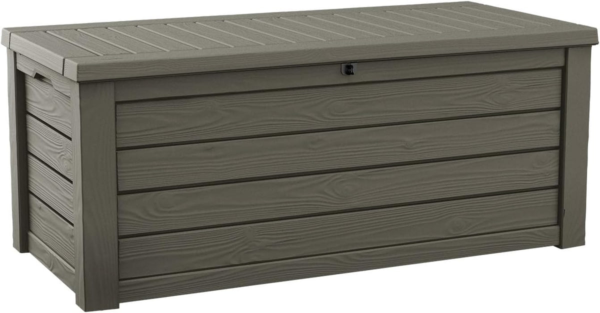 Keter 150 Gallon Resin Large Deck Box Organization and Storage Box for Patio, Outdoor Cushions, Garden Tools, Brown