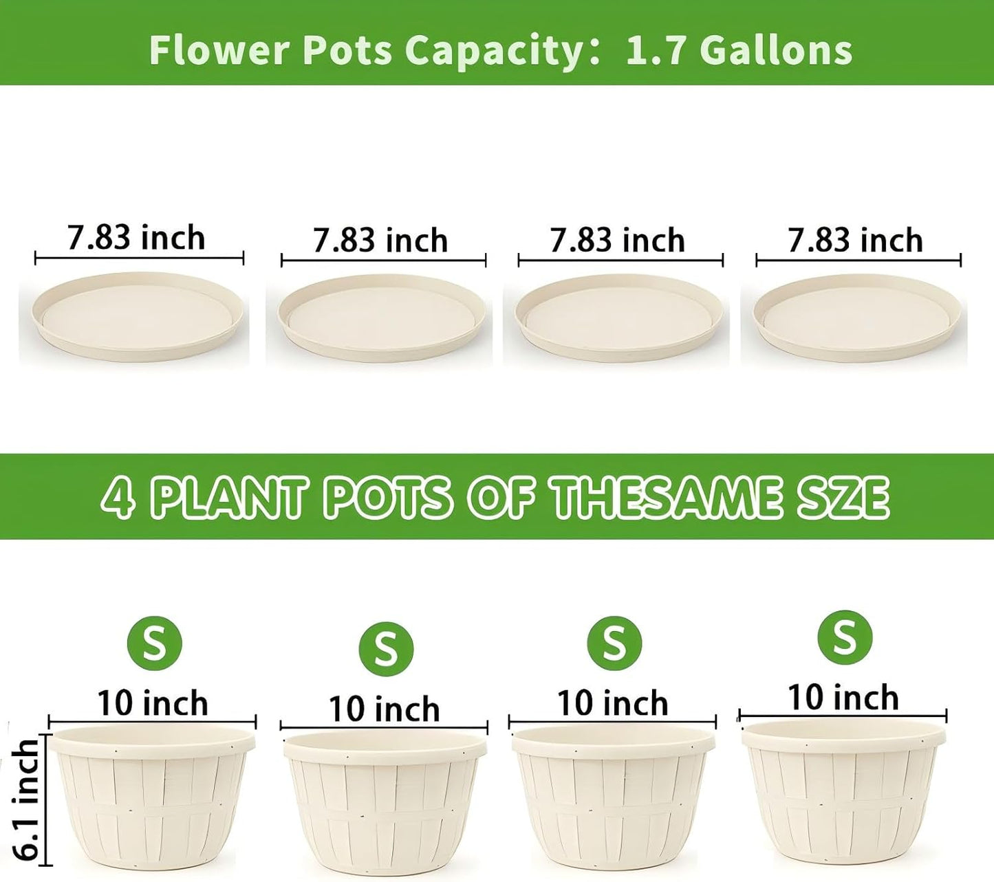 Quarut 14 Inch Plastic-Flower-Pot-for-Indoor-Plants, 4 Pack Large Outdoor Planter Pot with Drainage Holes & Saucers, Resin Decorative Garden Pots Planters（Brown）
